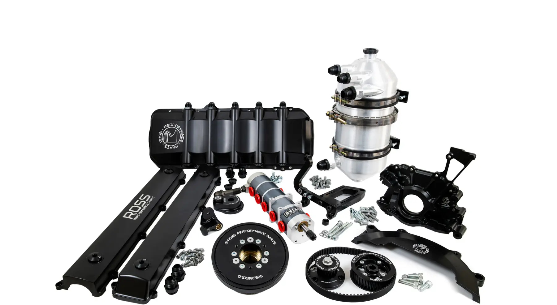 Complete Ross Performance Parts JZ dry sump kit arranged on a white background