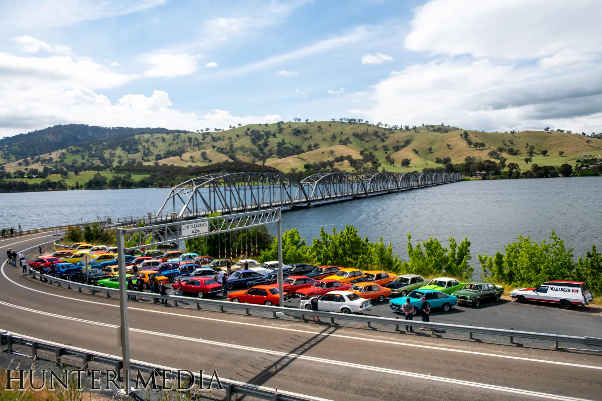Toranas gathered beside the Bethanga Bridge during Torana Muscle on the Murray