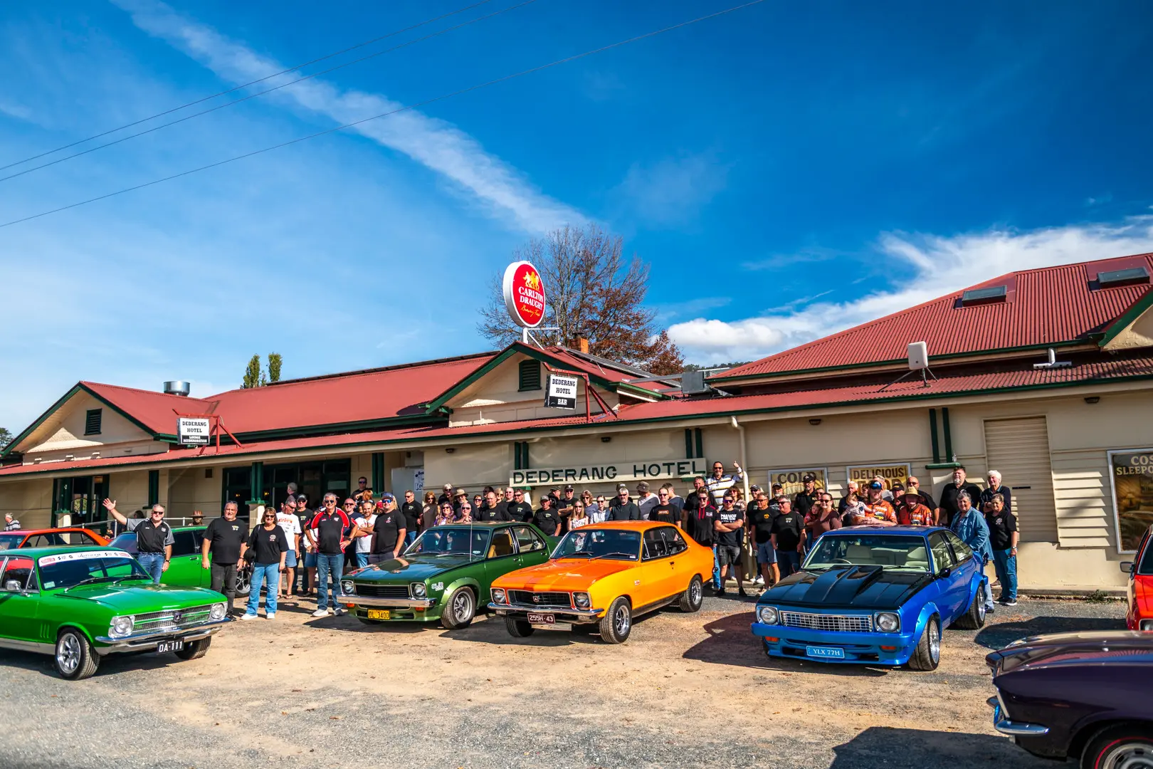 Torana Muscle on the Murray entrants gathered with their cars at the Dederang Hotel